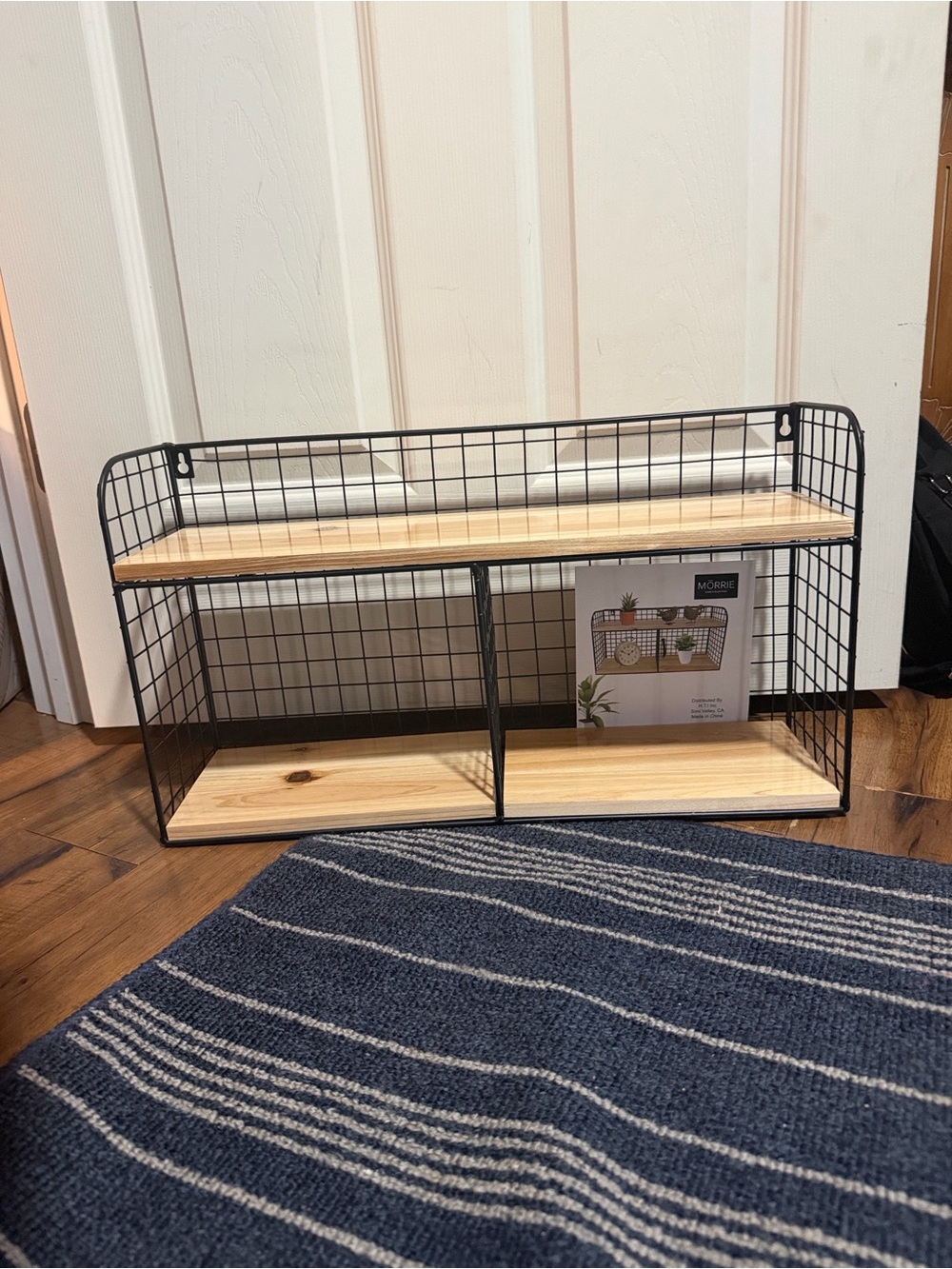 Black Wire Grid Wall Shelf with Natural Wood Shelves